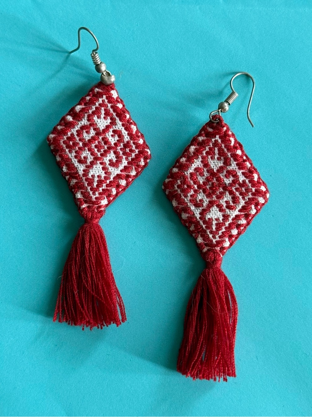 Handwoven Red and White Tassel Earrings